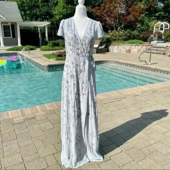 NWT Anthropologie BHLDN Plymouth Maxi Wrap Dress Fog Wedding Beaded Size 4 - Picture 12 of 14